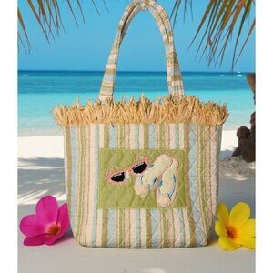 Quilted Fabric Embroidered Sequin Summer Purse Beach Straw Fringe Flip Flop